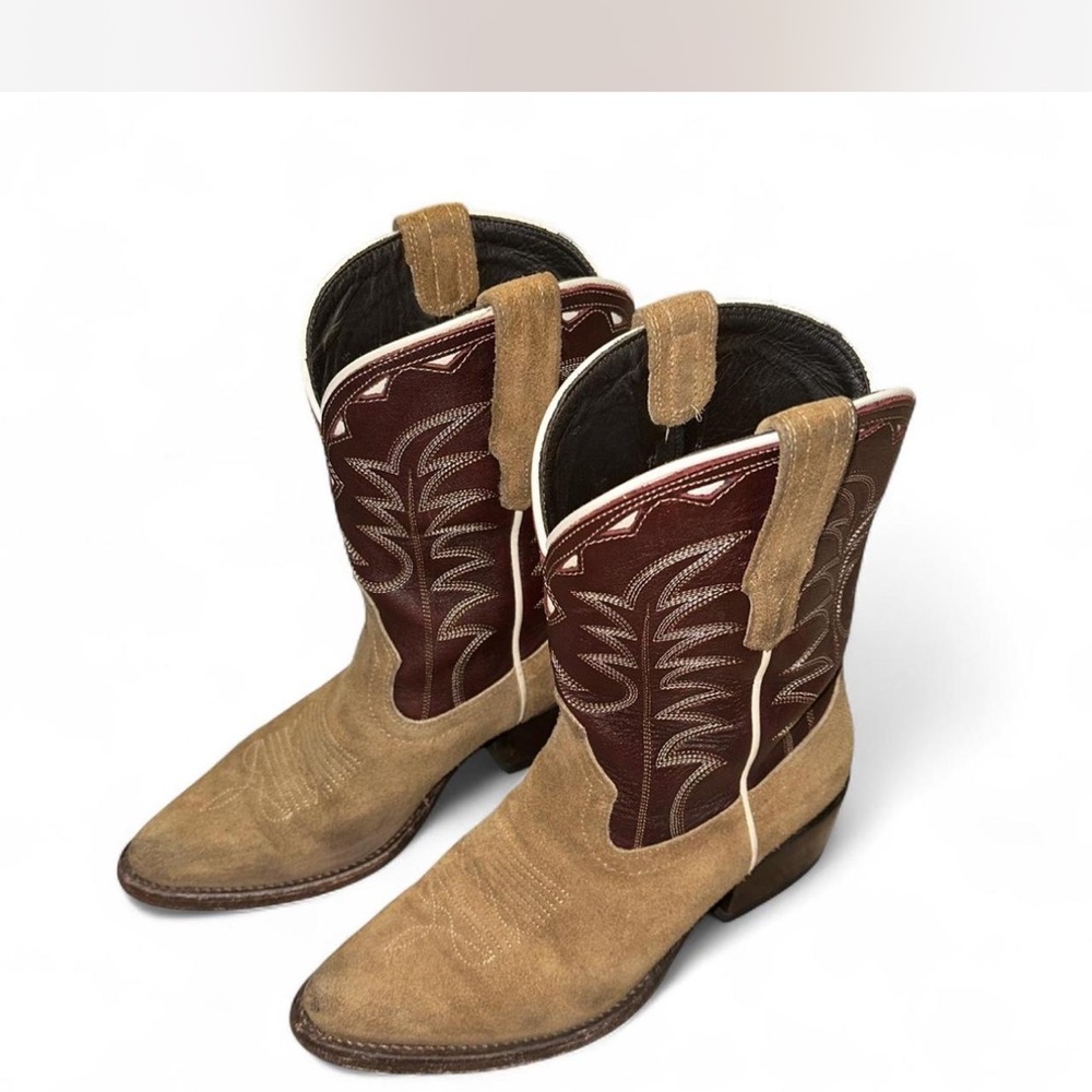 Tecovas Brown and Burgundy Suede Western Ankle Boots